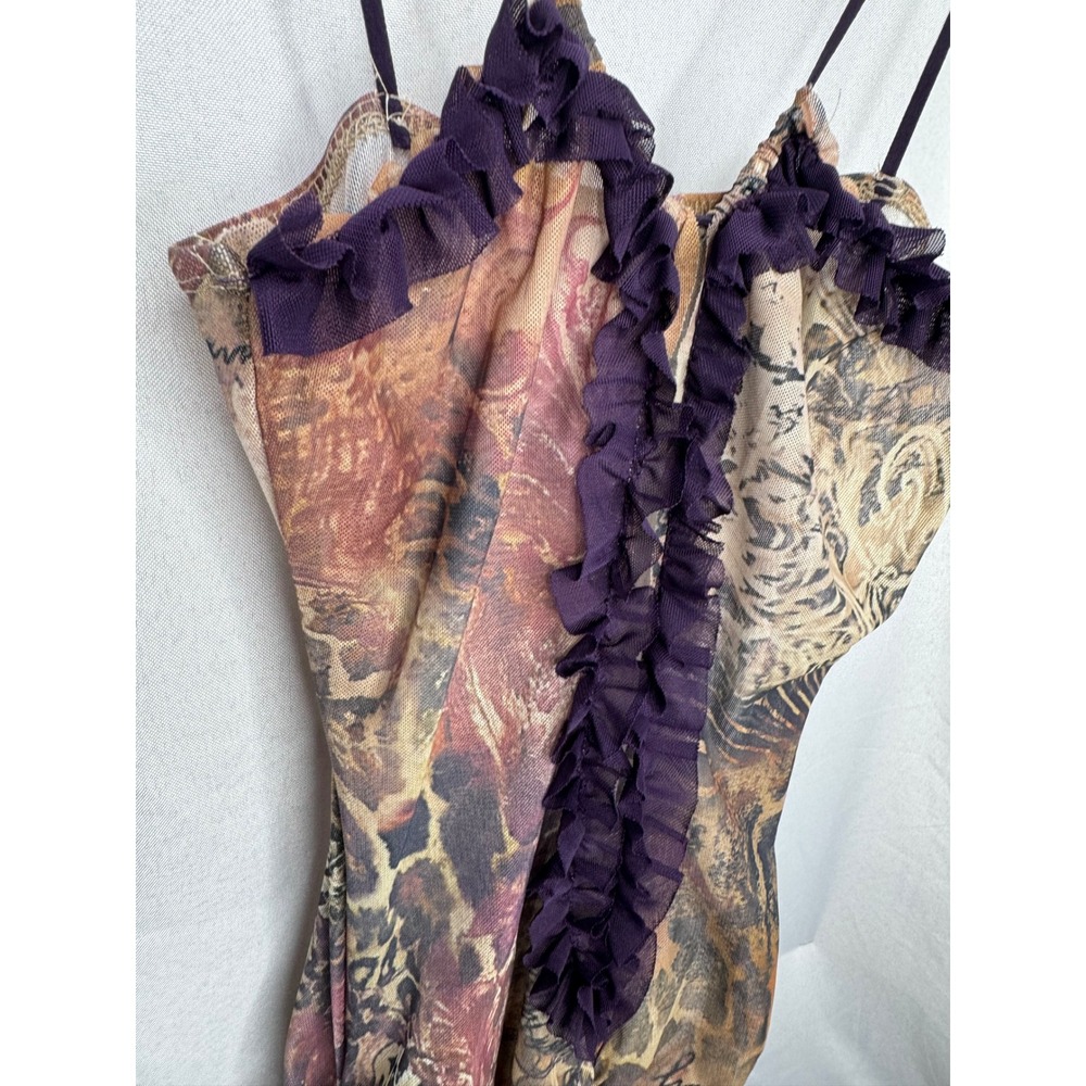 Vintage Mesh Maxi Dress Leopard Floral Script Print Ruffle Trim Bodycon Brown - Picture 3 of 13